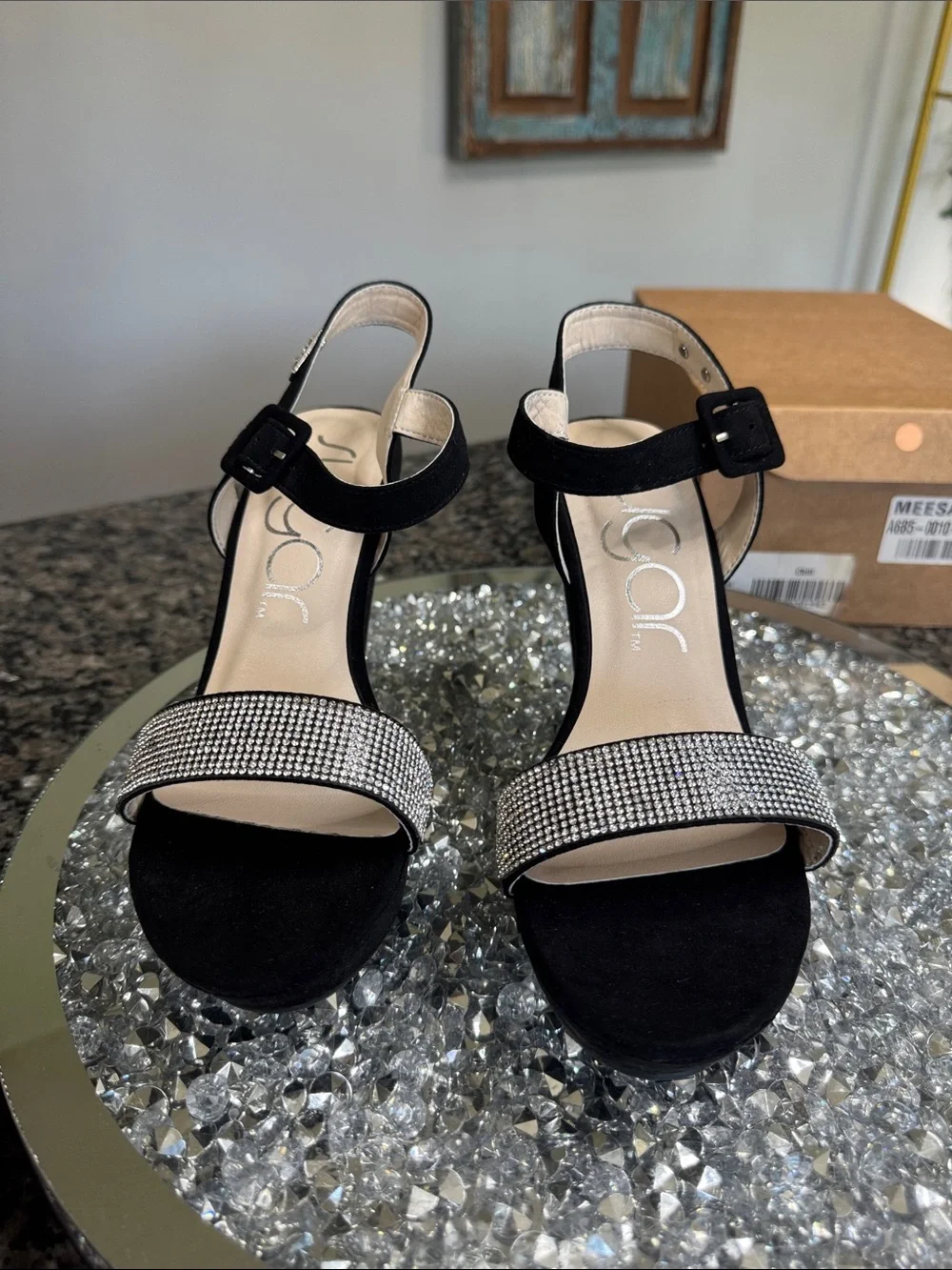 Sugar Black Wedge Sandals with Crystal Front Strap NEW 8.5